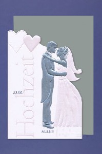 Diese Hochzeitskarte fllt durch ihre ungewhnliche Form auf. Der Rand ist oben und rechts dekorativ um die Herzen und das Brautpaar herum ausgestanzt.
<br>
<br>Der Aufdruck ist in Form einer Prgung in silber und wei aufgebracht.
<br>
<br><u>Details:</u>
<br>- Doppelkarte im A6-Format
<br>- Herzen und Brautpaar sind am Rand ausgestanzt
<br>- Ausgeprgter Aufdruck in wei und silber
<br>- Inkl. silbernem Briefumschlag
