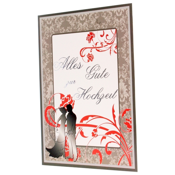 Eine vertrumte und dennoch modernen Hochzeitskarte. Vom Brautpaar ist nur ein Schatten zu sehen - dies macht die Karte interessant.
<br>
<br>Das verzierende Blumendekor rundet das romantische Bild perfekt ab.