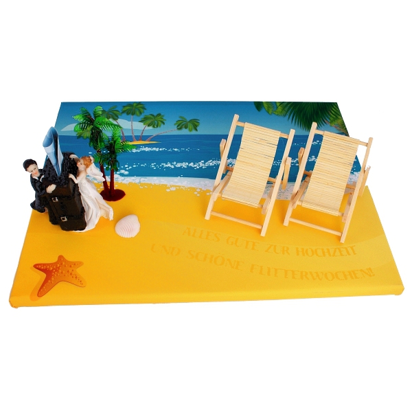 Eine traumhafte Karibik-Strandkulisse bildet den Hintergrund dieser Dekolandschaft. Das Hochzeitspaar hat einen riesigen Geldkoffer dabei, der Ihnen einen wunscherschnen Urlaub ermglicht 
<br>(Oder zumindest dazu beitrgt).
<br>Durch weitere Dekorationen (knstliche Palme, Muschel und Strandsthle) entsteht eine farbenfrohe 3D-Landschaft fr ein tolles Hochzeitsgeschenk.
<br>
<br><small>
<br><u>In diesem Dekoset enthalten:</u>
<br><ul style="list-style:disc; margin:10px; font-size:12px;">
<br>					
<br><li> Groe "Traum am Meer"-Kulisse (ca. 40 x 50 cm) mit Hochzeits-Glckwunschtext</li>				
<br><li> Brautpaar mit Koffer als Spardose</li>
<br><li> Dekopalme</li>
<br><li> Muschel</li>
<br><li> Liegesthle</span></li>
<br></ul>
<br></small>