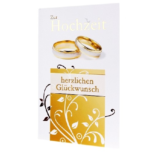 Hochzeitskarte mit 2 goldenen Ringen und edlem metallischen Aufdruck.
<br>
<br>Details:
<br>- Doppelkarte im Format A6
<br>- Aufdruck Hochzeitsringe
<br>- Metallic-Effekt
<br>- inkl. Briefumschlag