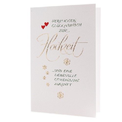 Edle Hochzeitskarte mit Goldfolie.
<br>Aufdruck: <i>Herzlichen Glckwunsch zur Hochzeit ... und eine liebevolle gemeinsame Zukunft</i>
<br>
<br><u>Details:</u>
<br>- Doppelkarte im A6-Format
<br>- mit Goldfolie
<br>- inkl. Briefumschlag