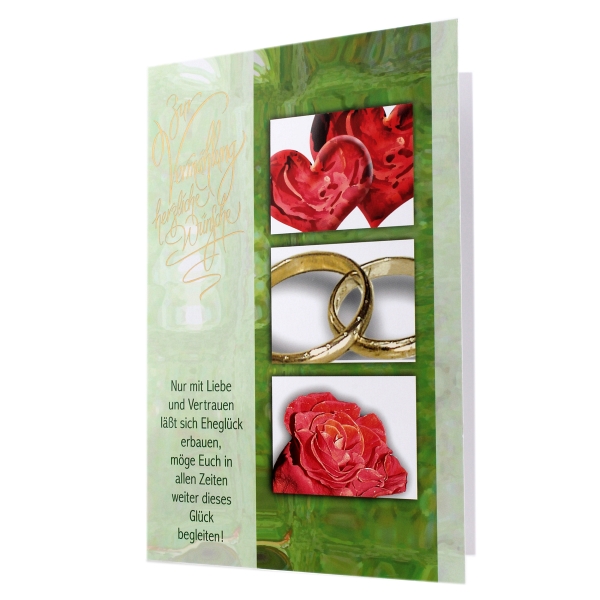 Hochzeitkarte mit Spruch:
<br>Nur mit Liebe und Vertrauen lt sich Eheglck erbauen, mge Euch in allen Zeiten dieses Glck begleiten.
<br>
<br>Gre: 11,5 x 17 cm
<br>inkl. Umschlag