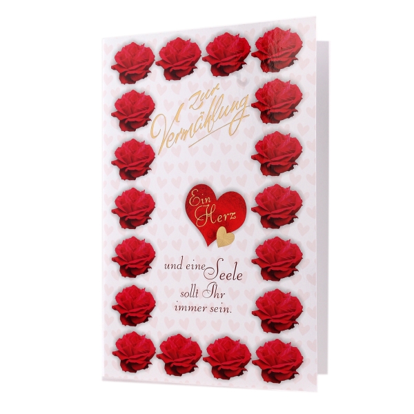 Hochzeitskarte mit goldenem Schriftzug und mit Herzen und Rosen verziert
<br>
<br>Gre: 11,5 x 17 cm
<br>inkl. Umschlag