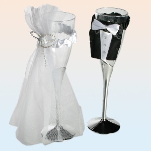 Kunststoff-Champagnerglas , Brutigam & Braut mit Tlldeko, ca. 22 cm, 2er Set im Polybeutel