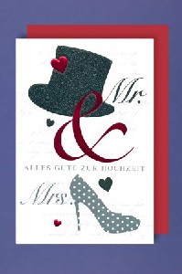 Diese Hochzeitskarte aus unserer Mr&Mrs-Kollektion ist aufwendig bedruckt: Der Hut besteht aus einer schwarzen Glitzerfarbe, das Und-Zeichen und die Herzen aus einer rot metallischen Folie.
<br>
<br><u>Details:</u>
<br>- Doppelkarte im A6-Format
<br>- Mr&Mrs-Aufdruck mit Glitzer und Metall-Effekt
<br>- Inkl. rotem Briefumschlag
