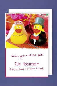 Diese Hochzeitkarte mit dem niedlichen Enten-Brautpaar passt sehr gut zu unserem Geschenkeset <i>Entenbrautpaar</i>
<br>
<br><u>Details:</u>
<br>- Doppelkarte im A6-Format
<br>- Aufdruck Entenbrautpaar und Spruch
<br>- Inkl. weiem Briefumschlag