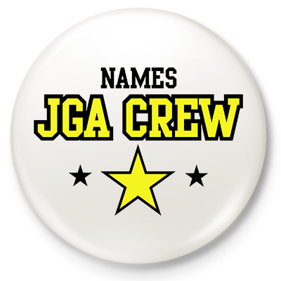 JGA Crew<br><br><small>Button weiß mit 5,9 cm Durchmesser, Aufdruck in schwarz gelb (mit individuellem Vornamen)</small>