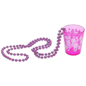 Pinkes Glas mit farblich passender Perlenkette und schicken Verzierungen. Durch die befestigte Kette können Sie es jederzeit bei sich tragen ohne es zu verlieren.<br>Das Shotglas ist ca. 6 cm x 5 cm x 5 cm groß (Verpackung ca. 8 cm x 8 cm x 5 cm). <br>